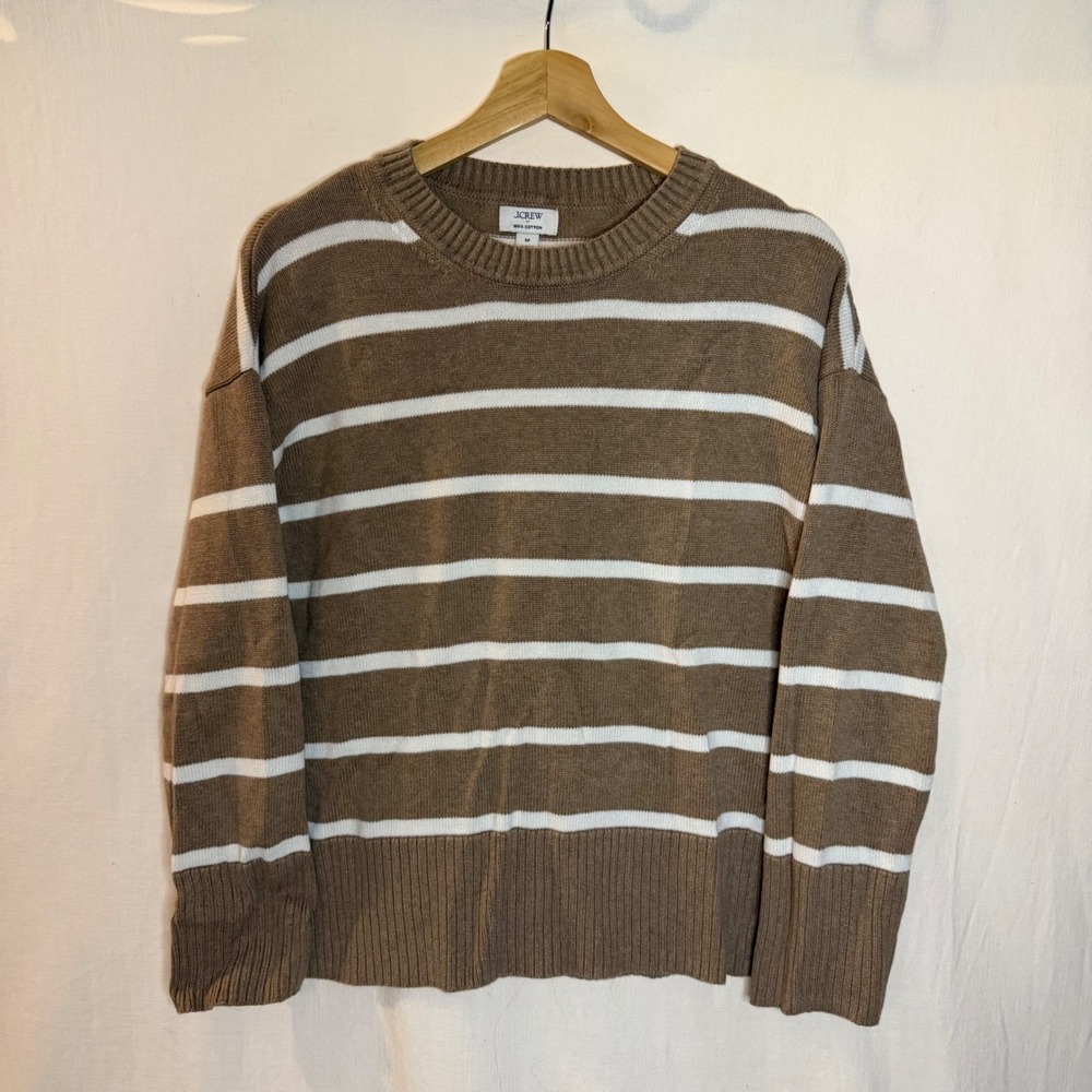 J.Crew Brown White Striped Cotton Crewneck Sweater Womens Medium Long Sleeve